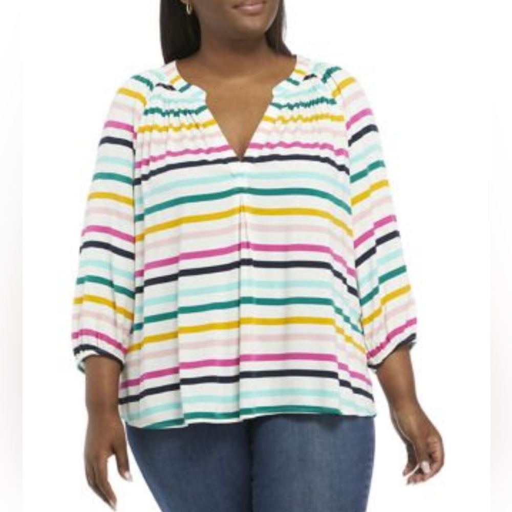 crown & ivy Women’s Plus Size 3X Multicolor Striped 3/4 sleeve Peasant Blouse